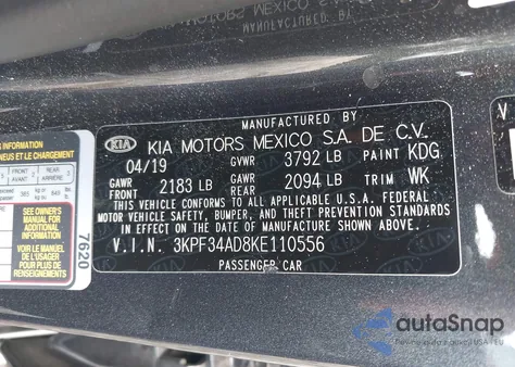 2019 Kia Forte S из США, поврежденный, VIN 3KPF34AD8KE110556